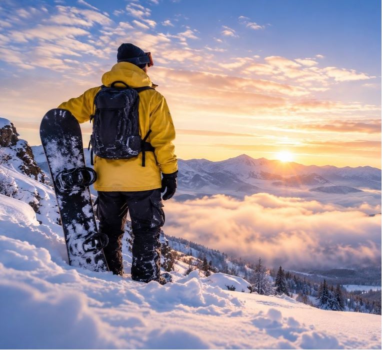雲海と夕日を望む雪山で、スノーボードを抱えて立つスノーボーダー