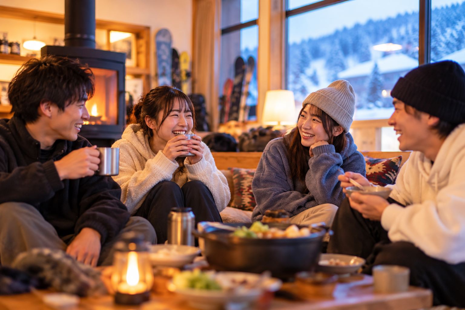 暖炉のあるラウンジで鍋を囲んで笑い合う仲間たち