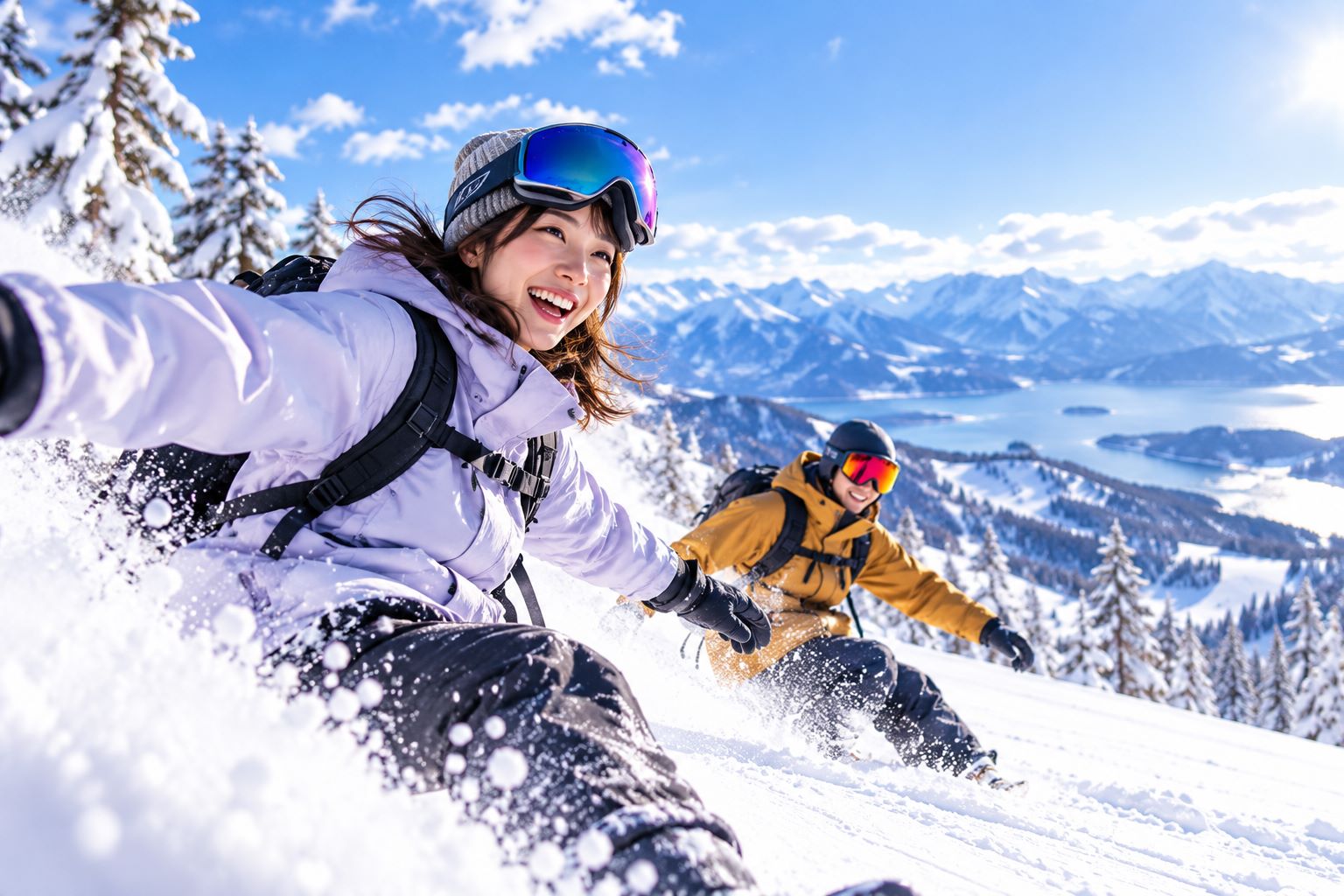 晴れた雪山をパウダースノーを上げて滑る2人のスノーボーダー