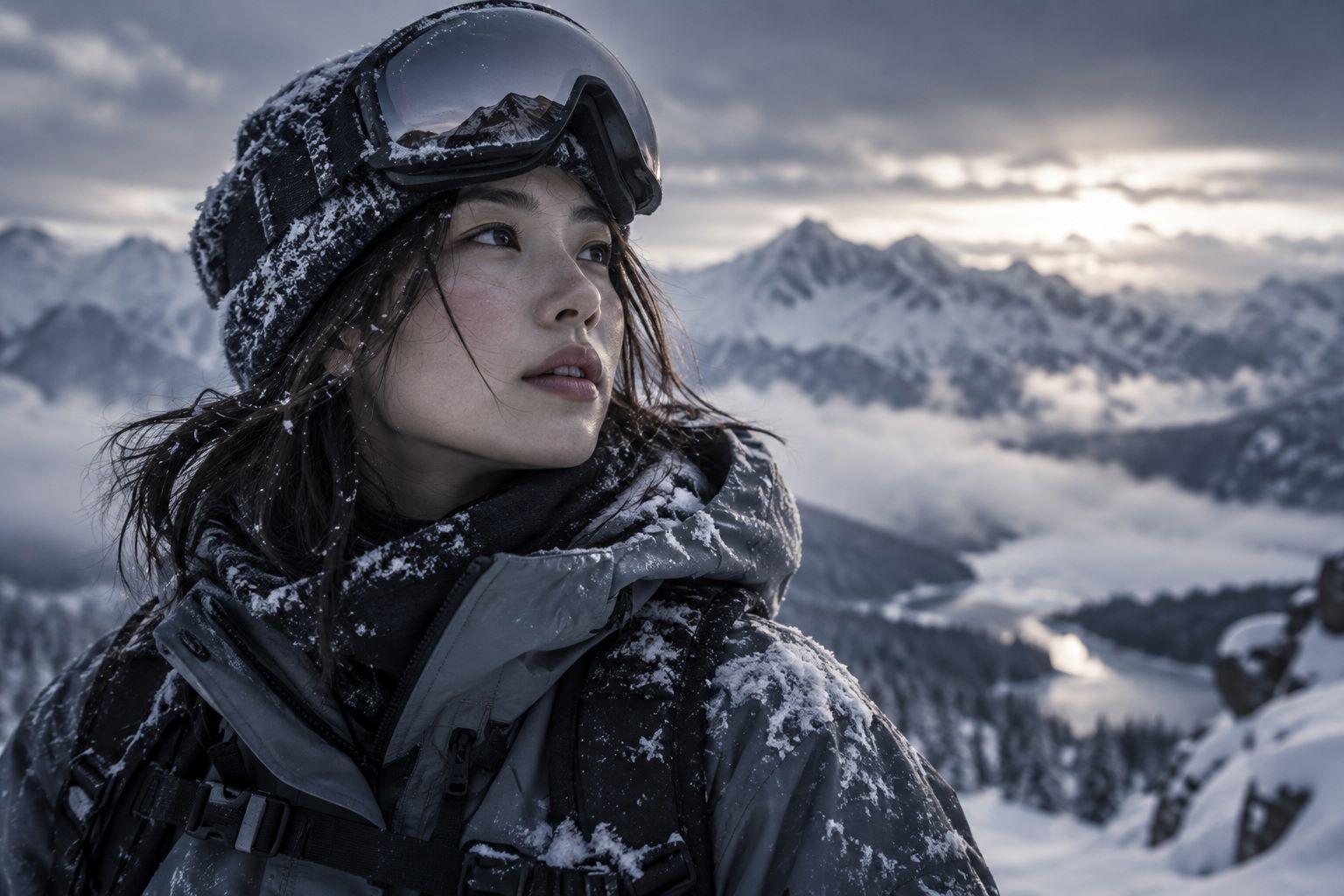 雪化粧した山々を背に、ゴーグルを額にかけて遠くを見つめる女性